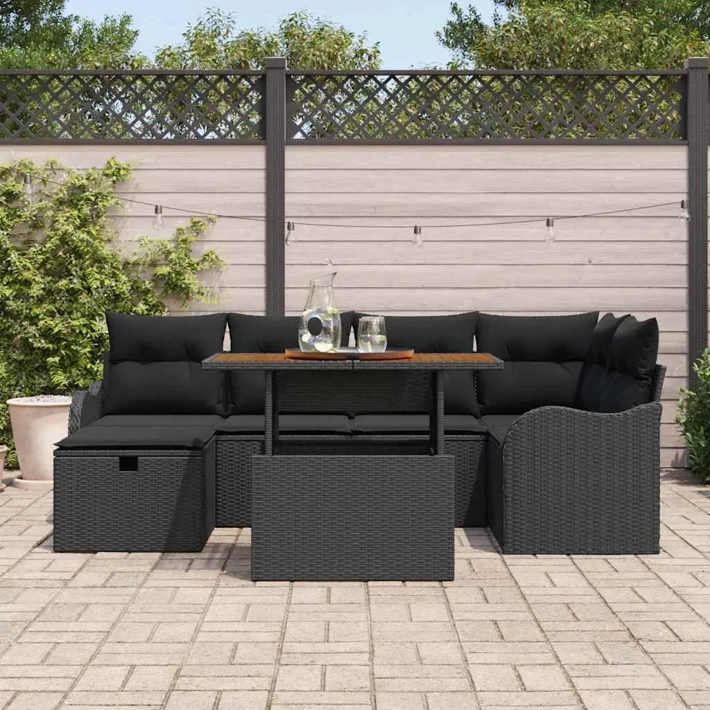 Outdoor Garden Sofa Set Black 7-Piece Height-Adjustable Poly Rattan Patio