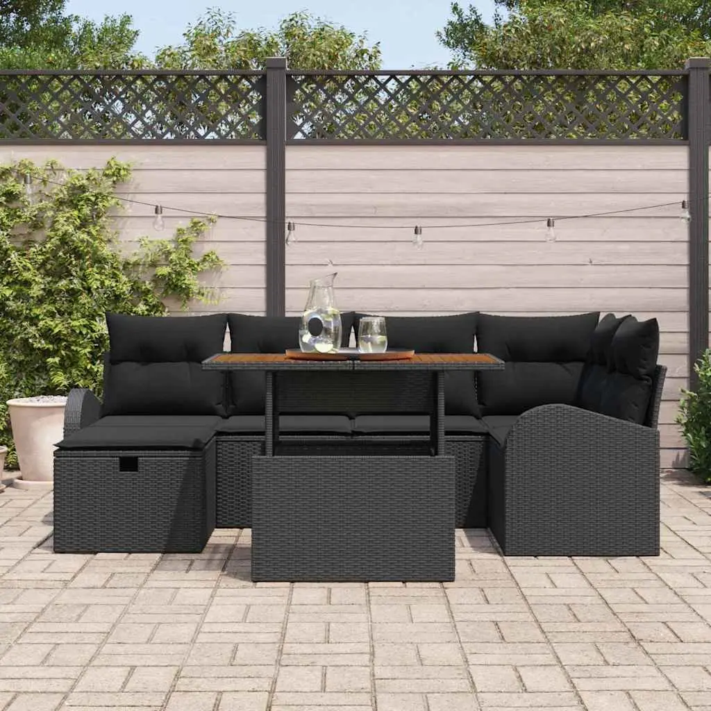 Garden Sofa Set Black 7 Piece Height-Adjustable Outdoor Furniture Poly Rattan