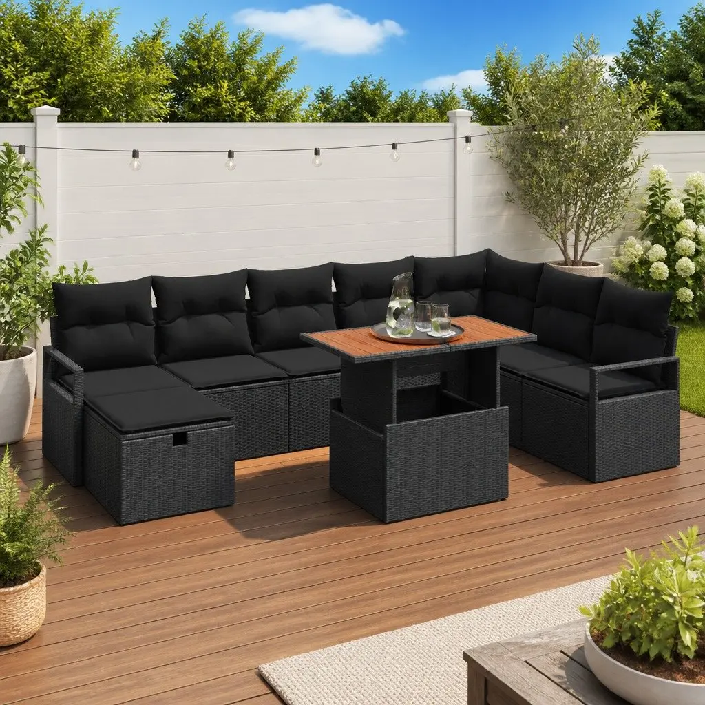 Garden Sofa Set Black 9 Piece Height-Adjustable Outdoor Lounge Poly Rattan