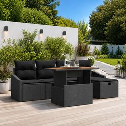 Garden Sofa Set 6 Pcs Black Height-Adjustable Outdoor Furniture Poly Rattan