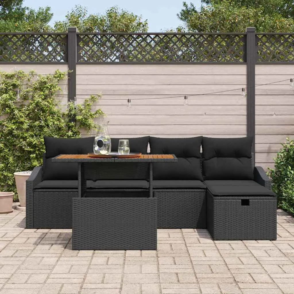 Garden Sofa Set Black Height-Adjustable 6 Piece Outdoor Furniture Poly Rattan