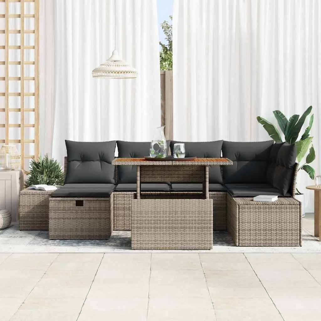 Garden Sofa Set Grey 7 Pieces Height-Adjustable Poly Rattan Outdoor Furniture