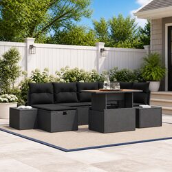 Garden Sofa Set 7-Piece Outdoor Furniture Height Adjustable Black Poly Rattan