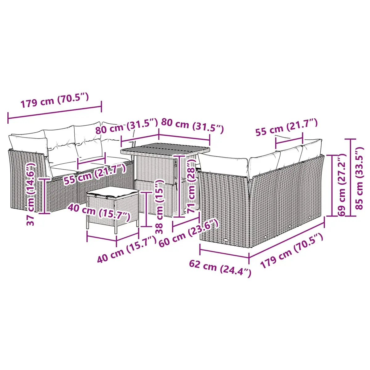 Modular Garden Sofa Set Black 9 Pieces Height-Adjustable Outdoor Furniture
