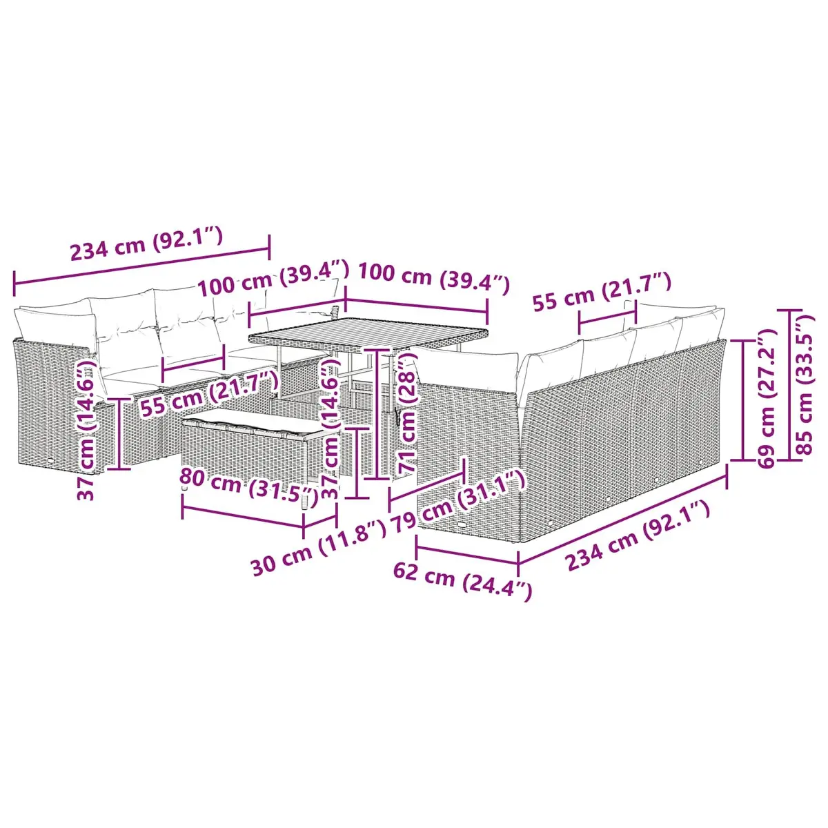 Outdoor Garden Sofa Set 11 Pieces Black Poly Rattan Modular Patio Furniture