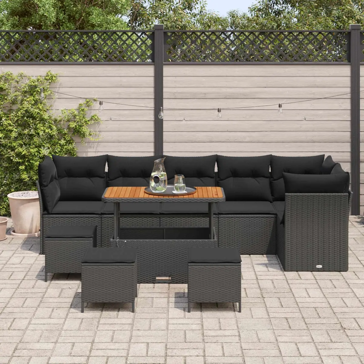 Garden Sofa Set Black 10 Piece Modular Outdoor Furniture Poly Rattan Acacia Wood