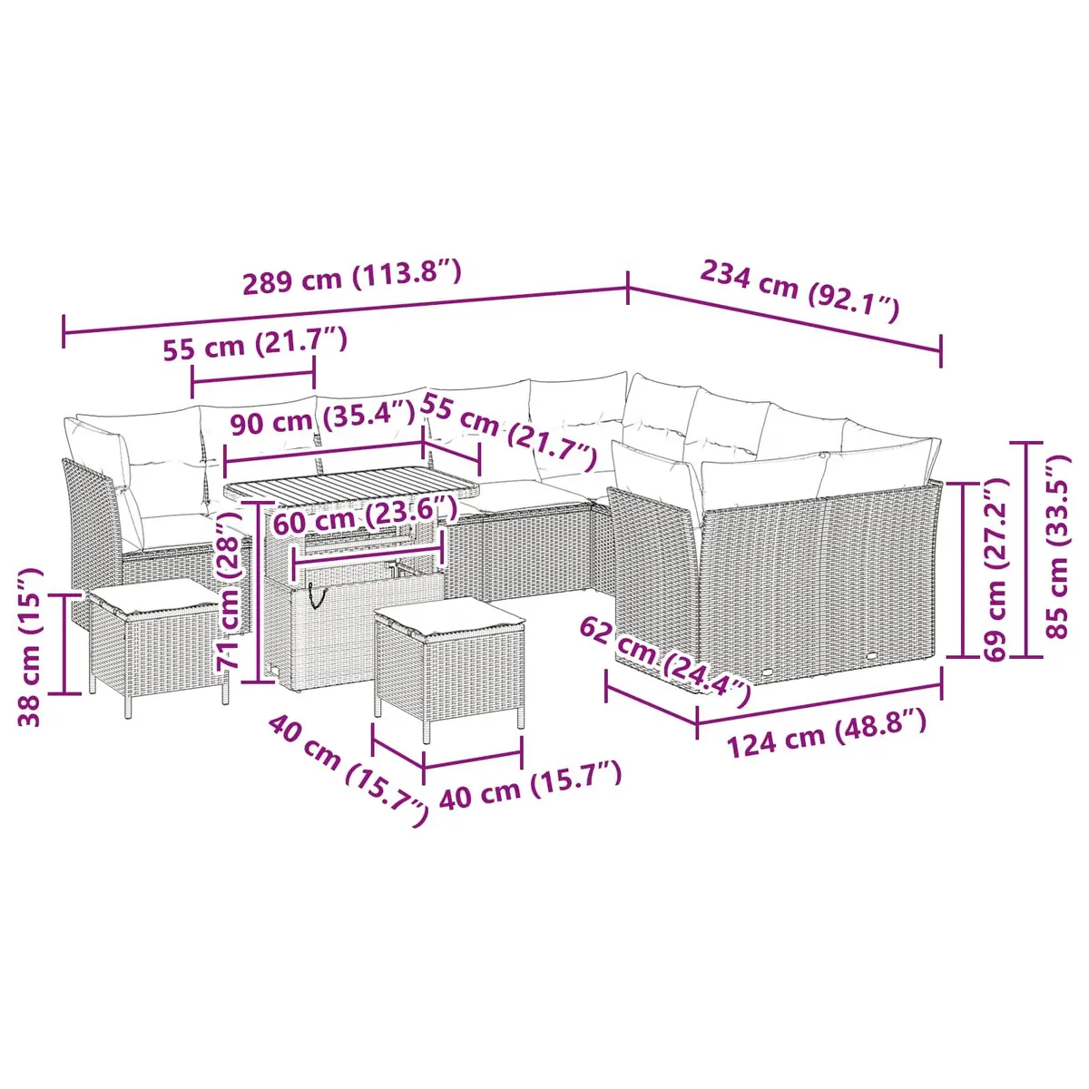 Outdoor Garden Sofa Set Black 12 Piece Height-Adjustable Modular Patio Furniture