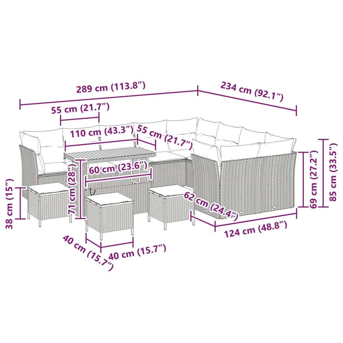 Outdoor Garden Sofa Set Black 13-Piece Height-Adjustable Modular Patio Furniture