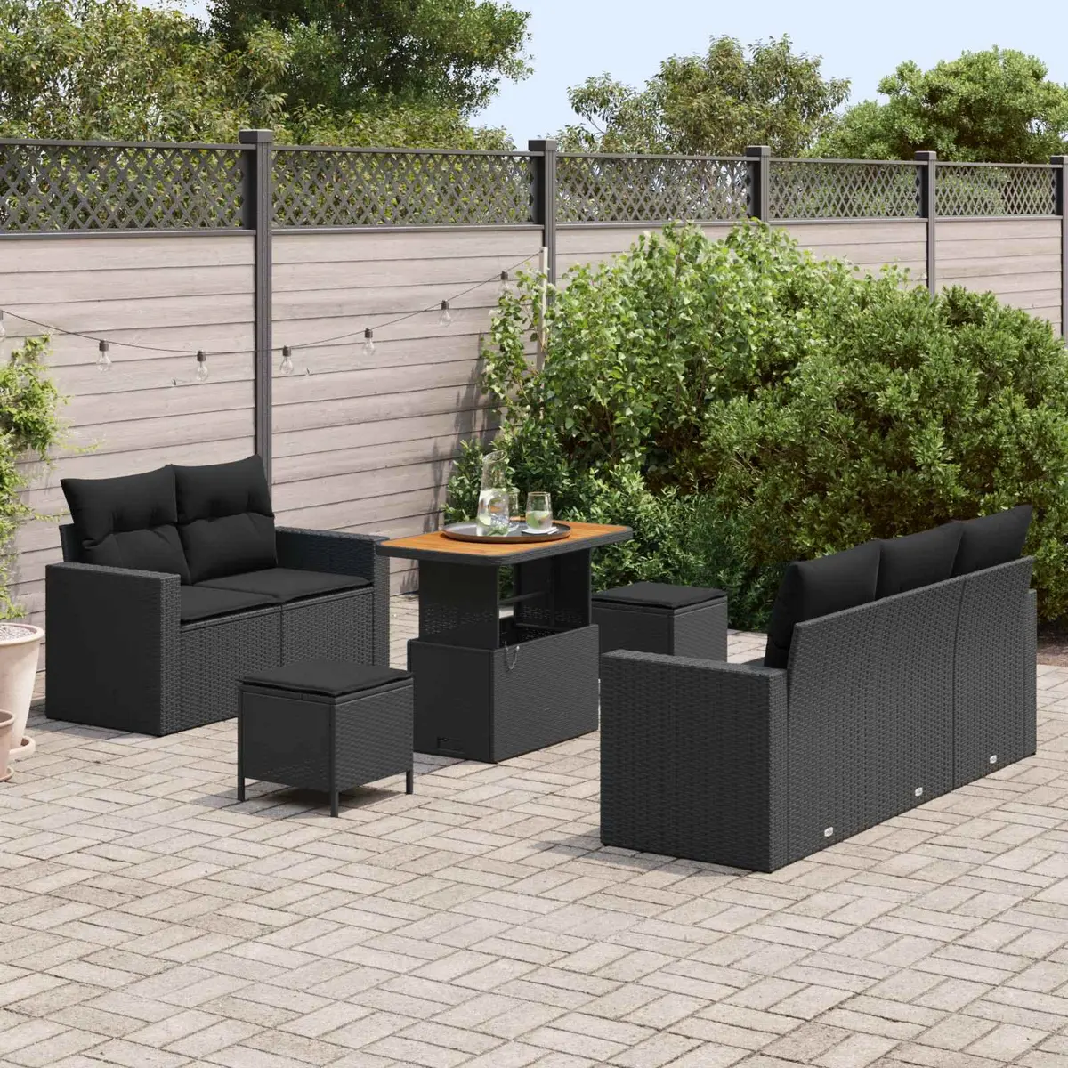 Modular Garden Sofa Set Black 8 Piece Poly Rattan Outdoor Furniture with Height Adjustable Table