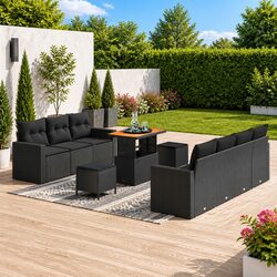 Modular Garden Sofa Set 10 Piece Black Poly Rattan Outdoor Patio Furniture