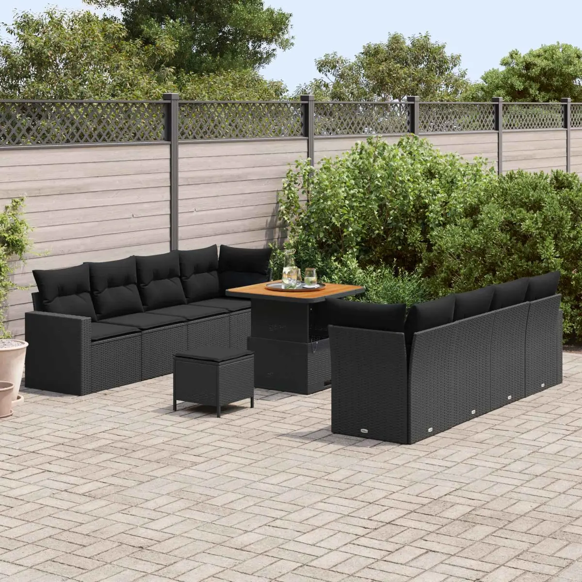Garden Sofa Set 11 pcs Outdoor Furniture Black Poly Rattan Acacia Wood Modular