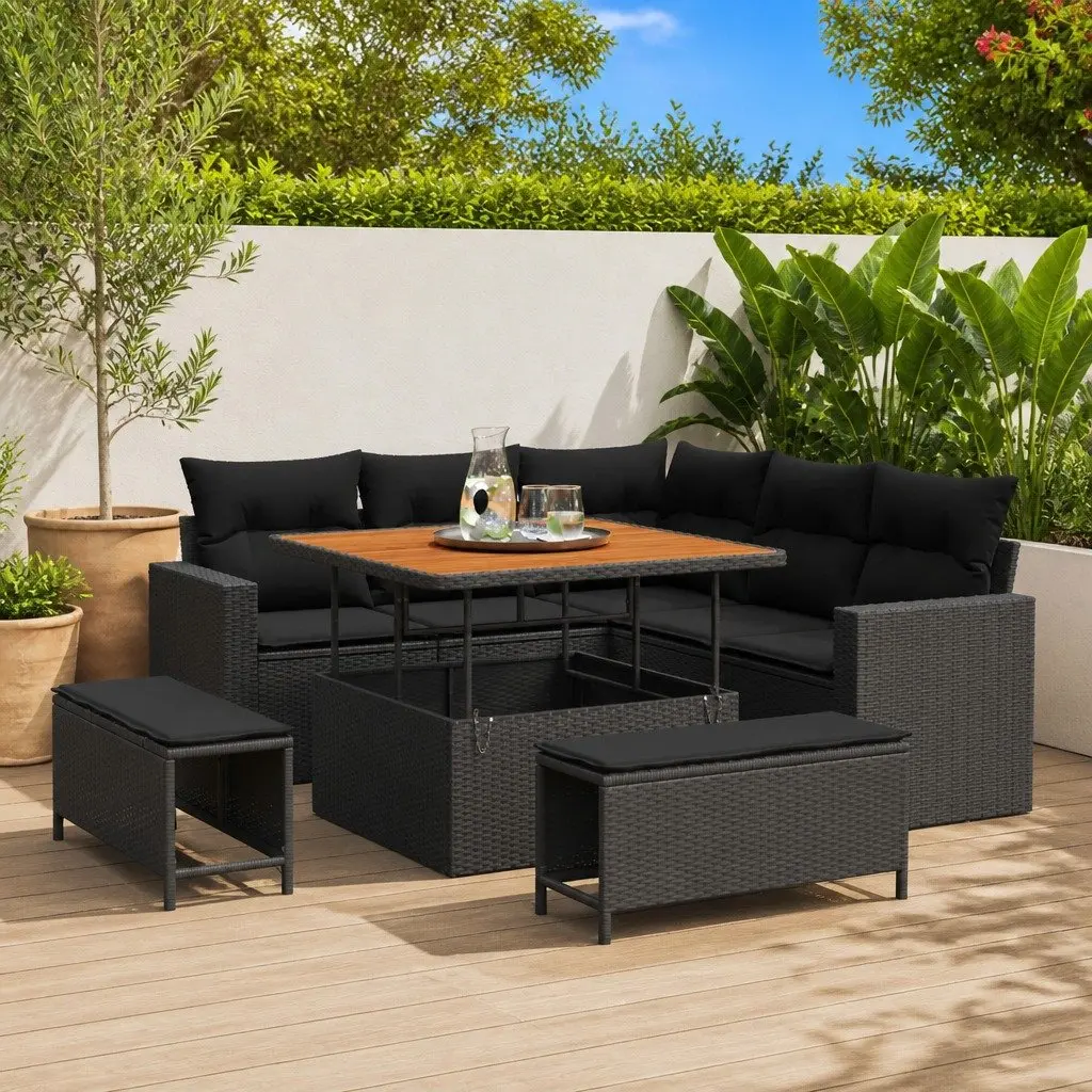 Garden Sofa Set Black 8 Piece Modular Outdoor Furniture Poly Rattan Solid Acacia Wood