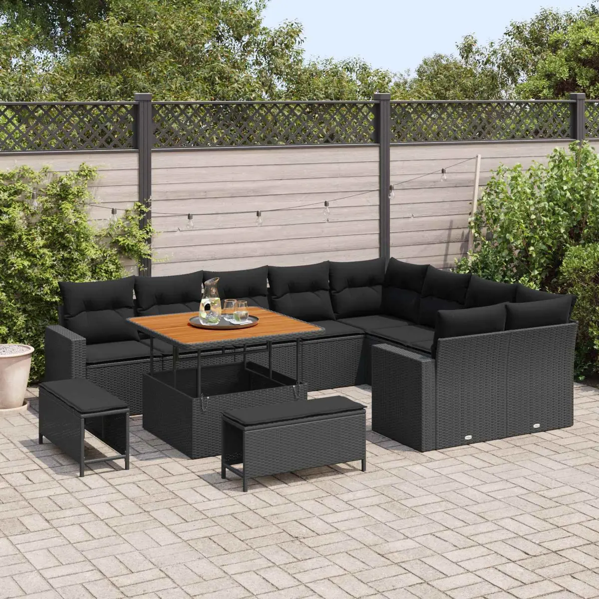 Outdoor Garden Sofa Set Black 12 Piece Height-Adjustable Modular Poly Rattan