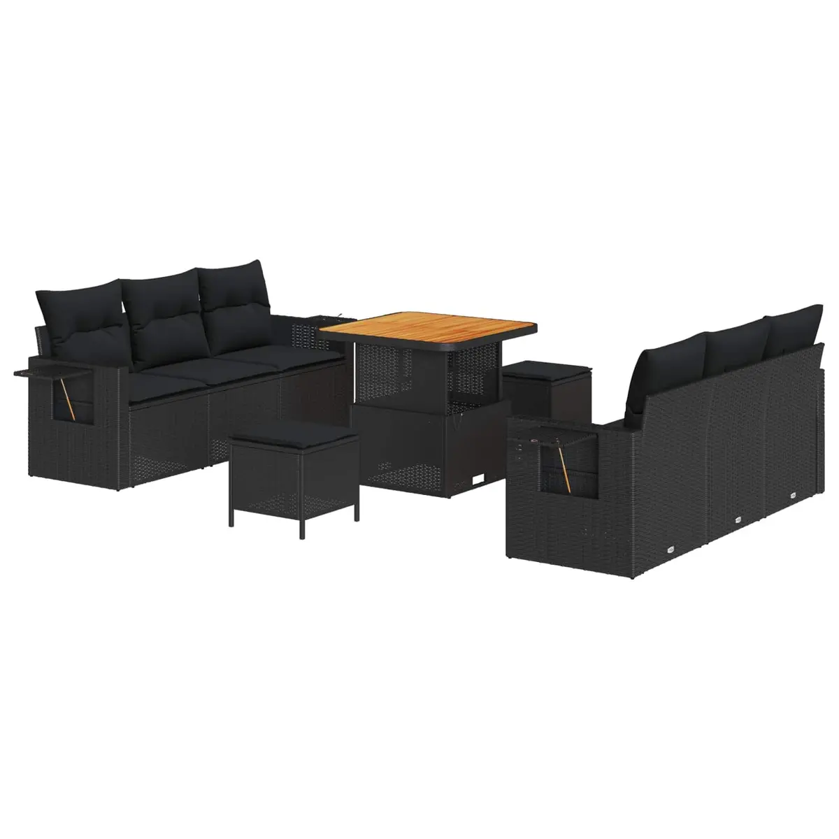 Garden Sofa Set Black Poly Rattan Modular Outdoor Lounge Seating with Height Adjustable Tabletop and Removable Cushions