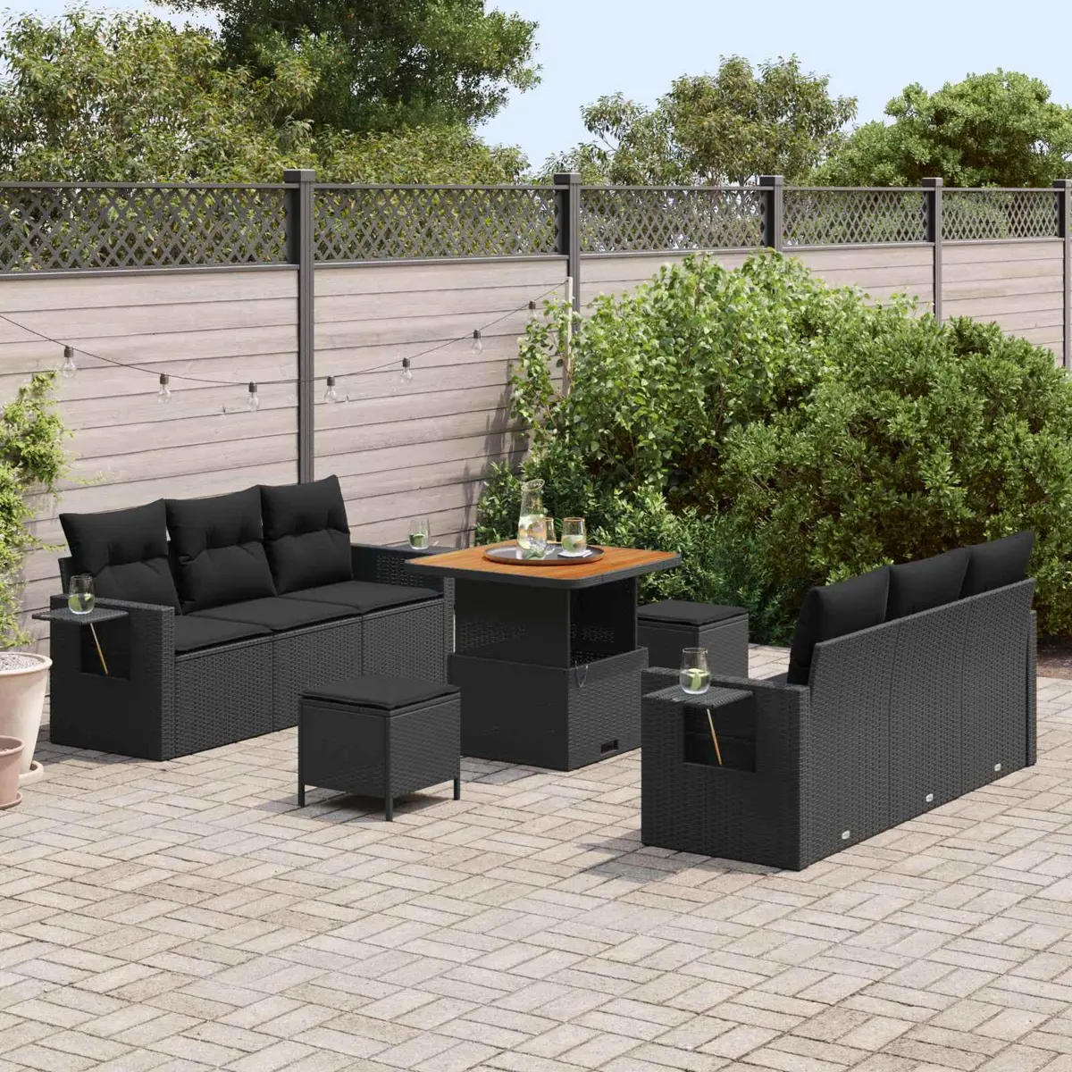 Garden Sofa Set Black Poly Rattan Modular Outdoor Lounge Seating with Height Adjustable Tabletop and Removable Cushions