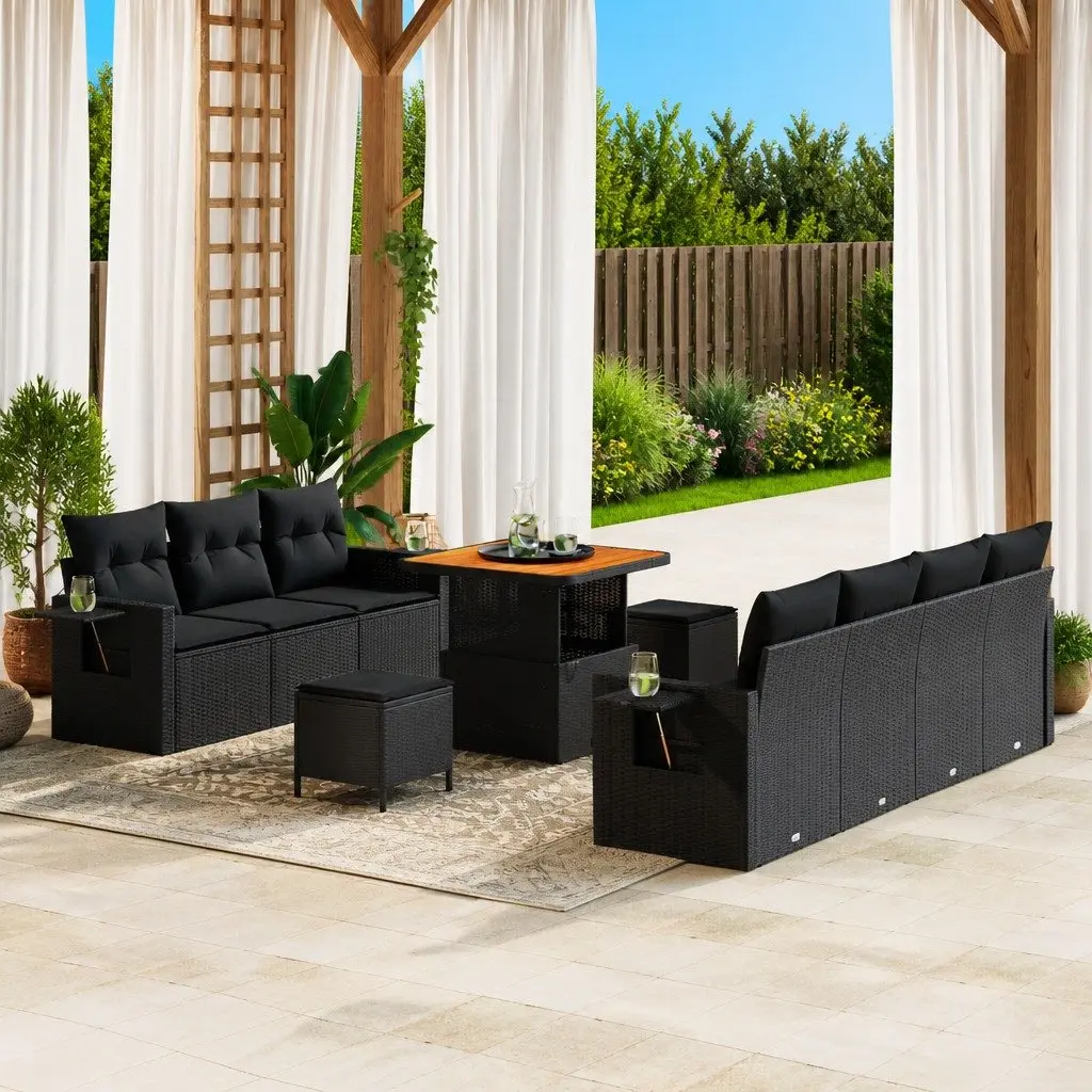 10 Piece Modular Garden Sofa Set Black Height-Adjustable Poly Rattan Outdoor Furniture