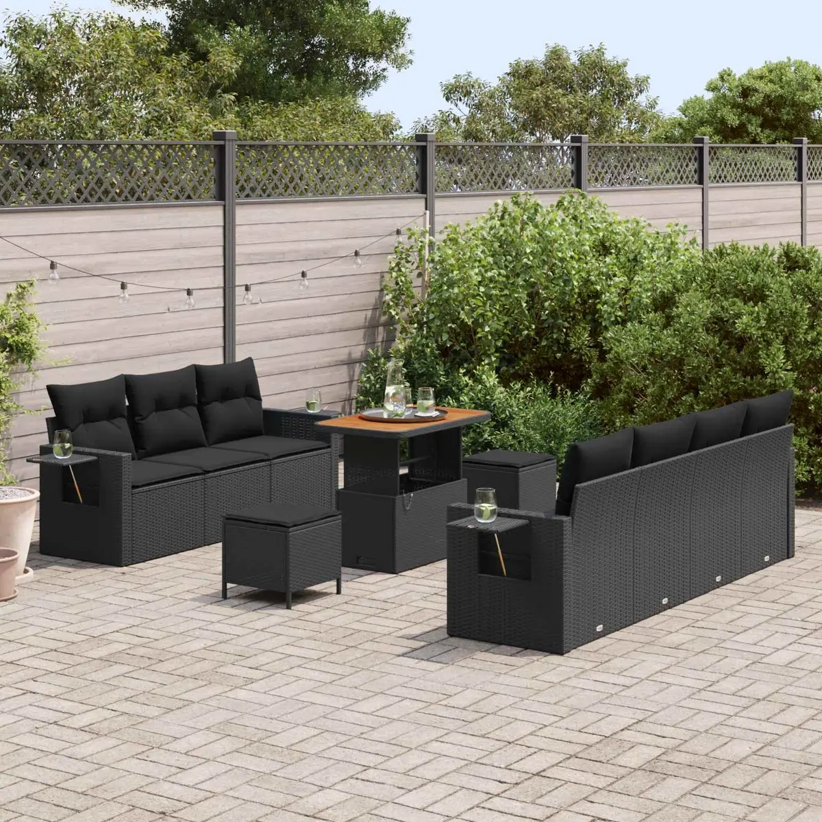 Modular Garden Sofa Set Black 10 Piece Poly Rattan Outdoor Furniture with Height Adjustable Table