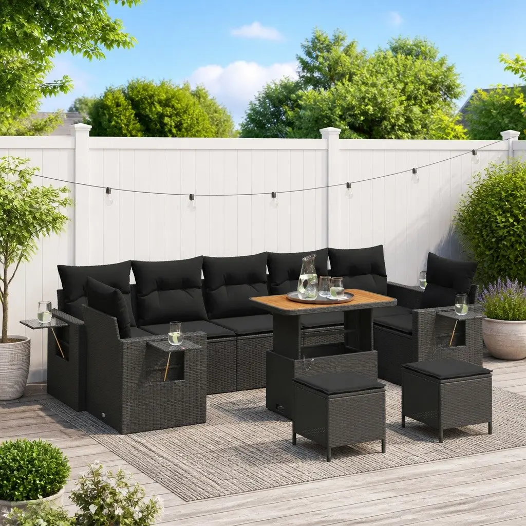 Modular Garden Sofa Set Black 10 Pieces Height-Adjustable Table Poly Rattan