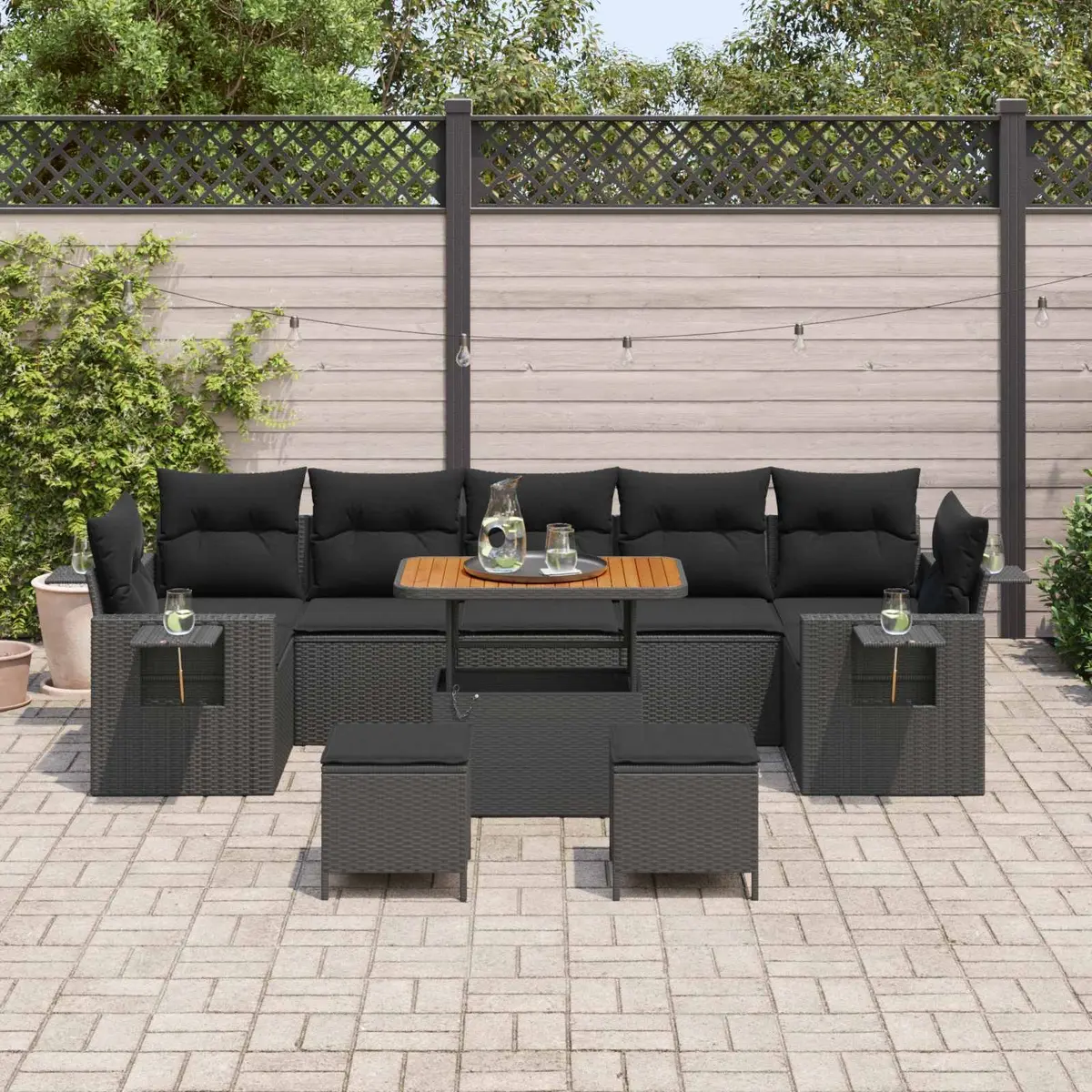 Modular Garden Sofa Set Black 10 Pieces Height-Adjustable Table Poly Rattan