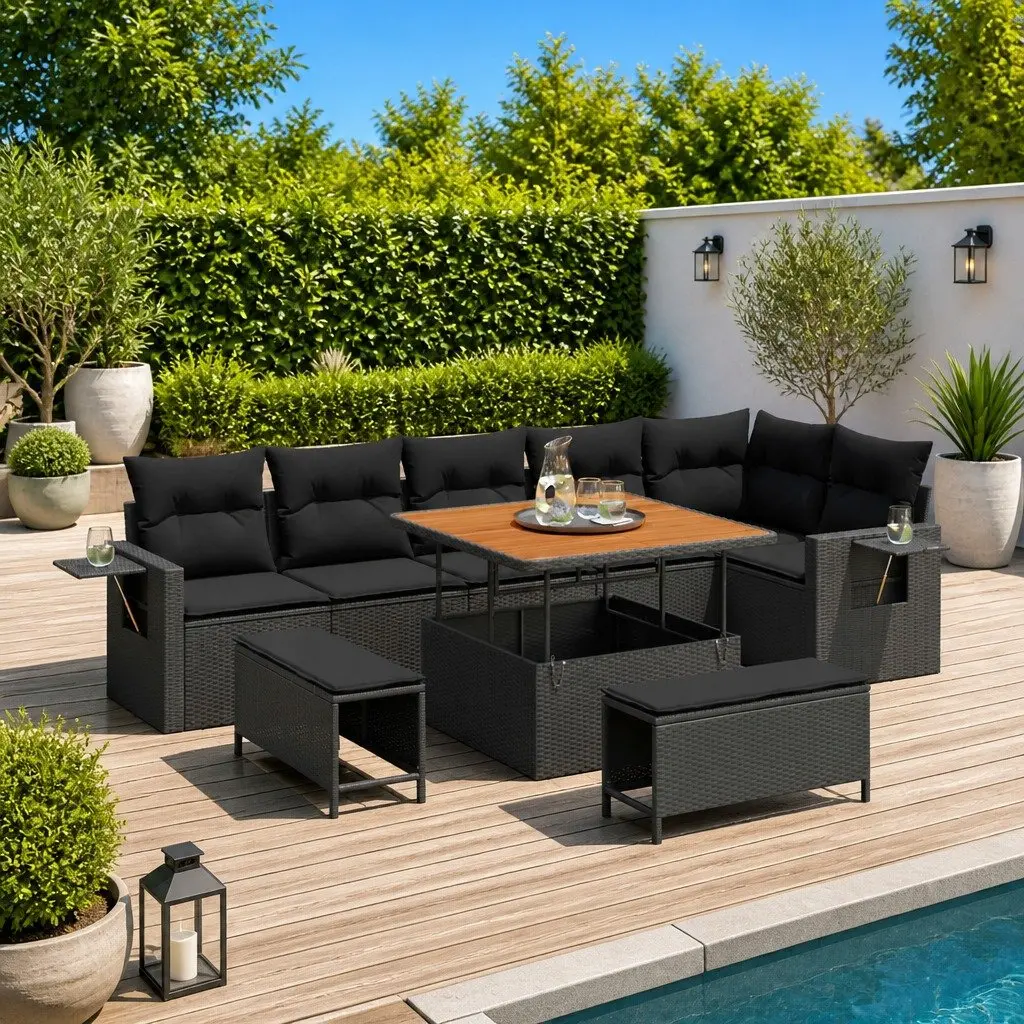 Garden Sofa Set 9 pcs Outdoor Furniture Black Poly Rattan Acacia Wood Modular
