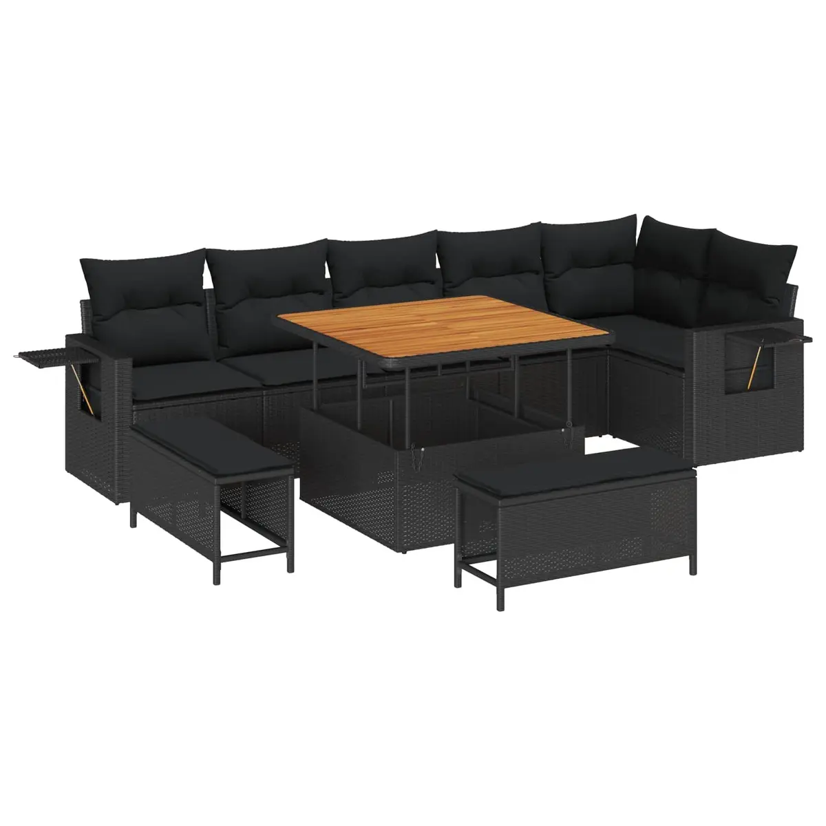 Garden Sofa Set 9 pcs Outdoor Furniture Black Poly Rattan Acacia Wood Modular
