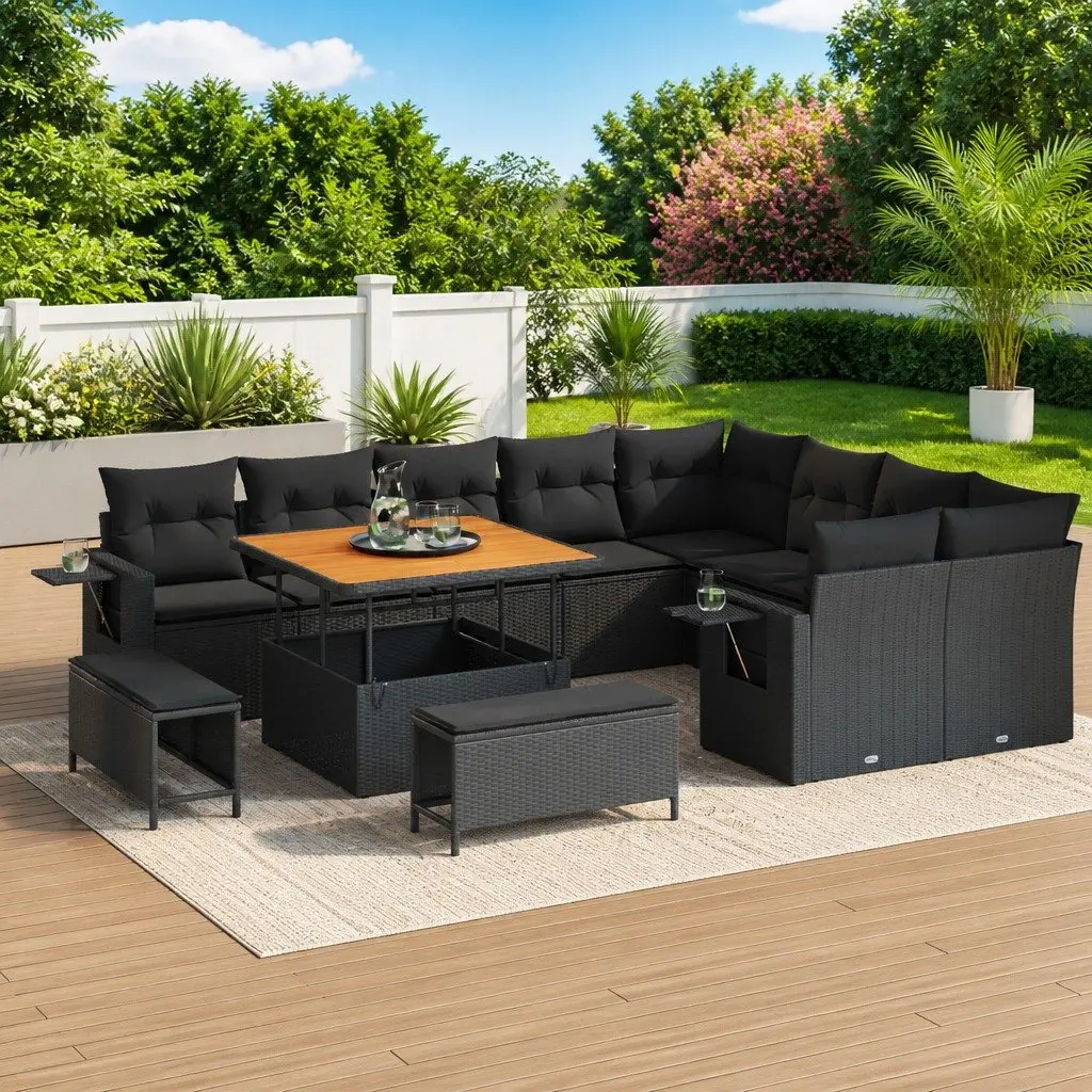 Garden Sofa Set Black 12 Pieces Height-Adjustable Poly Rattan Outdoor Furniture