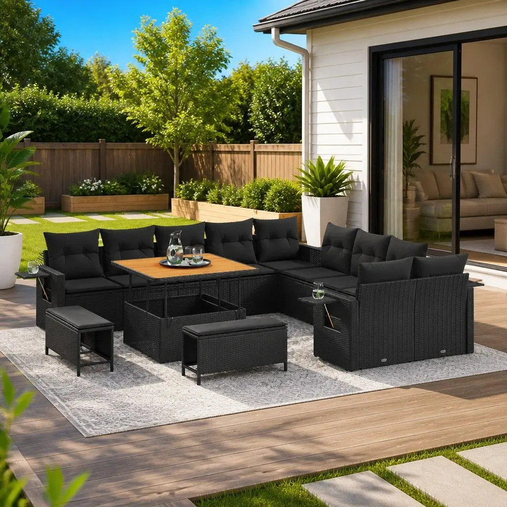 Garden Sofa Set Black 13 Piece Height-Adjustable Modular Outdoor Furniture
