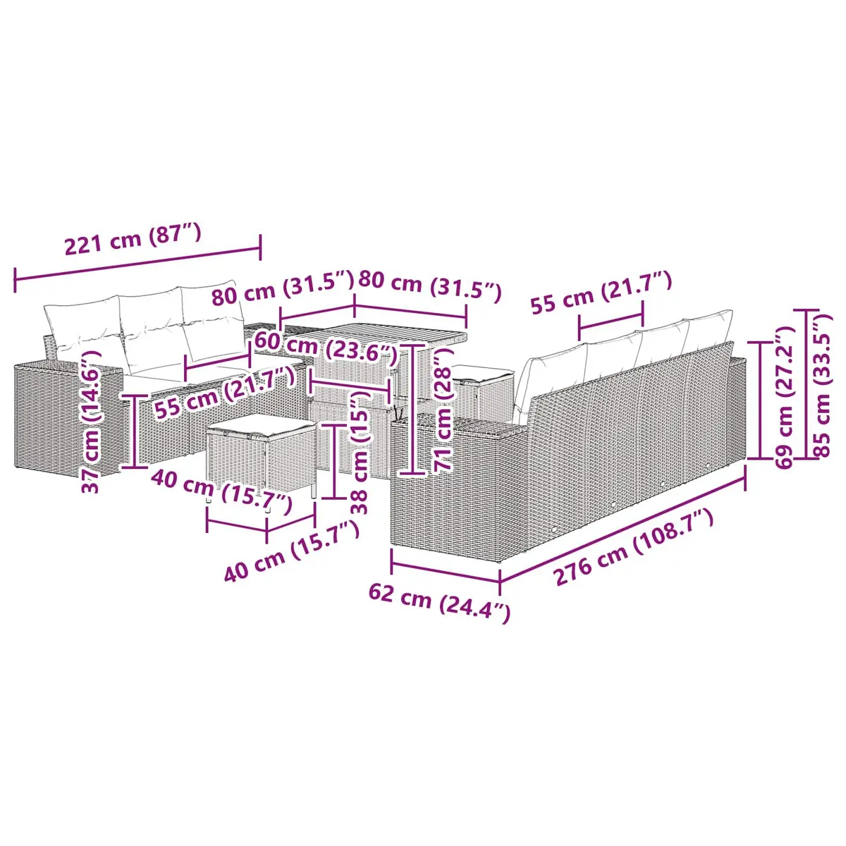 Modular Garden Sofa Set Black 10 Piece Height-Adjustable Tabletop Outdoor Furniture