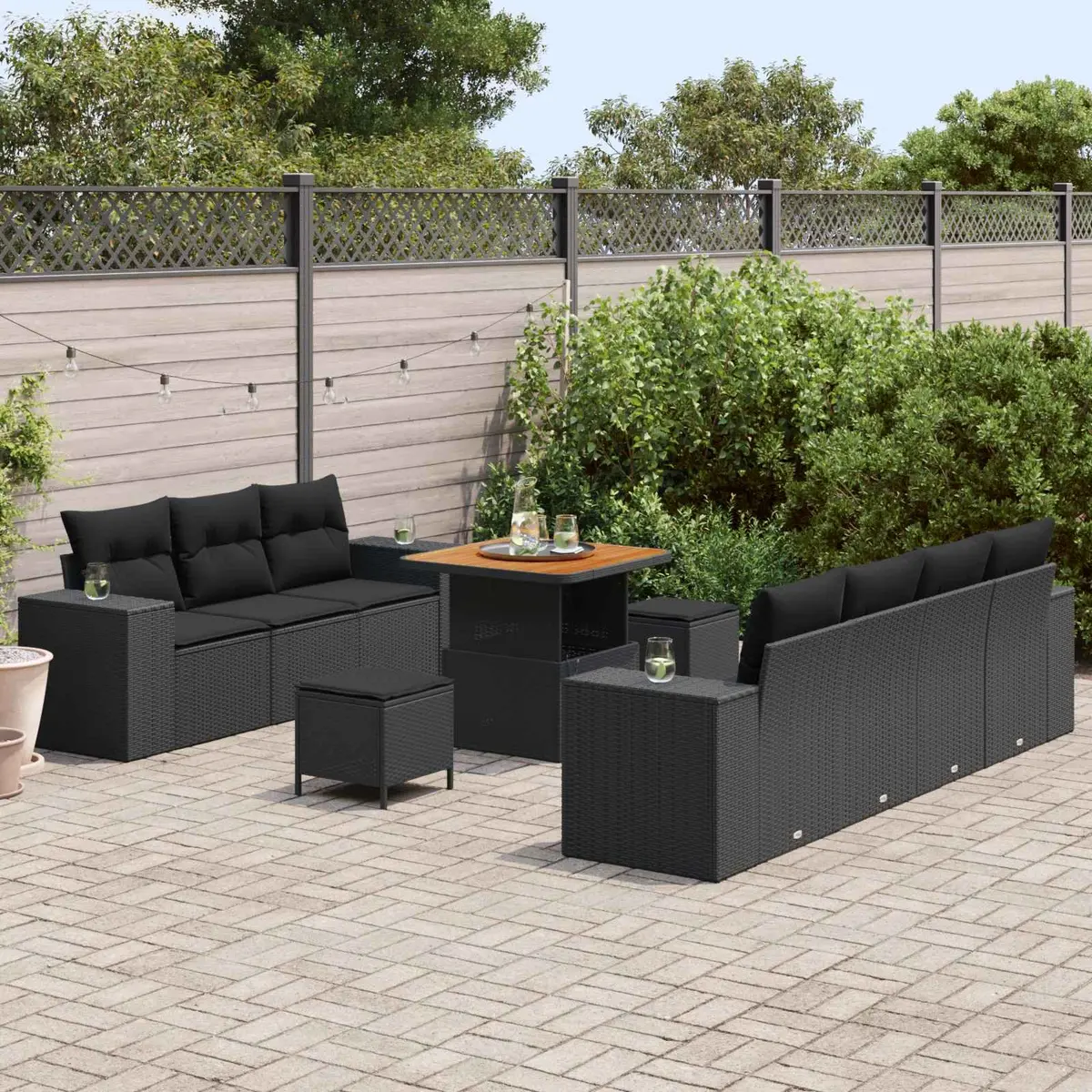 Modular Garden Sofa Set Black 10 Piece Height-Adjustable Tabletop Outdoor Furniture