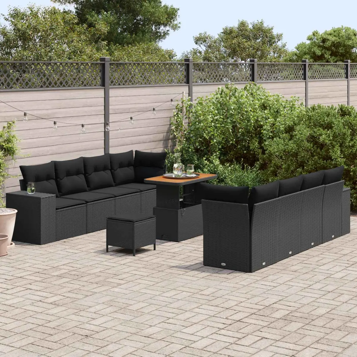 Modular Garden Sofa Set Black 11 Pieces Outdoor Furniture Poly Rattan Acacia Wood