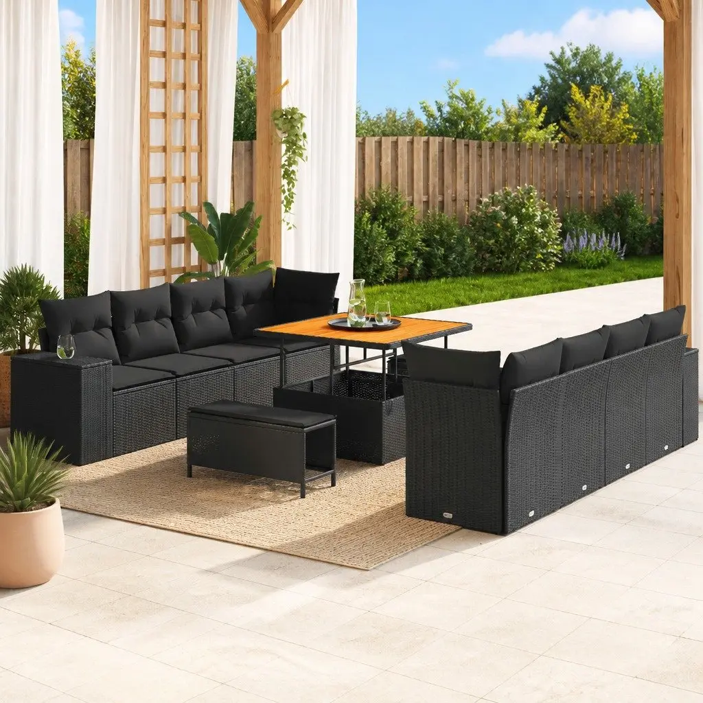 Modular Garden Sofa Set Black 11 Pieces Outdoor Patio Furniture Poly Rattan