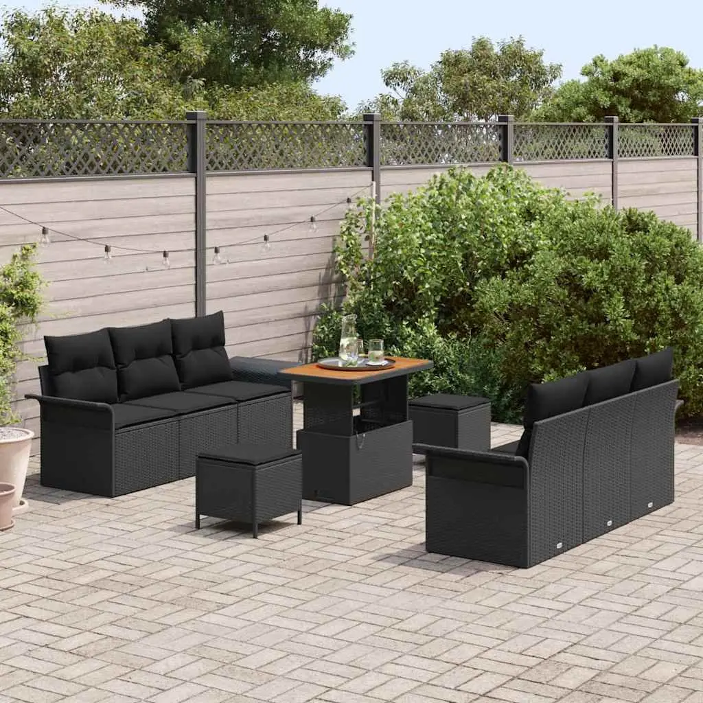 Outdoor Garden Sofa Set 9 Pieces Black Poly Rattan Furniture with Cushions