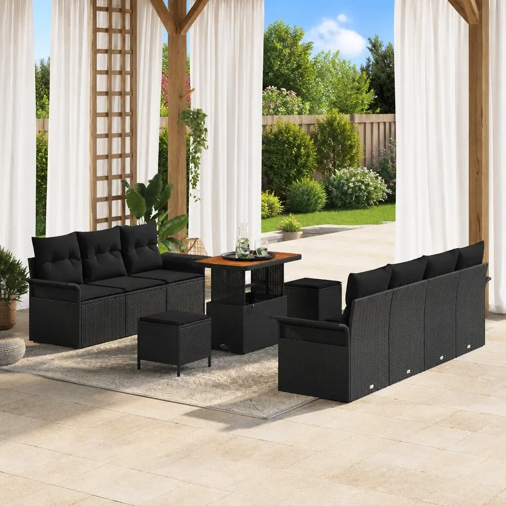 Garden Sofa Set 10 Piece Outdoor Furniture Poly Rattan Black with Cushions