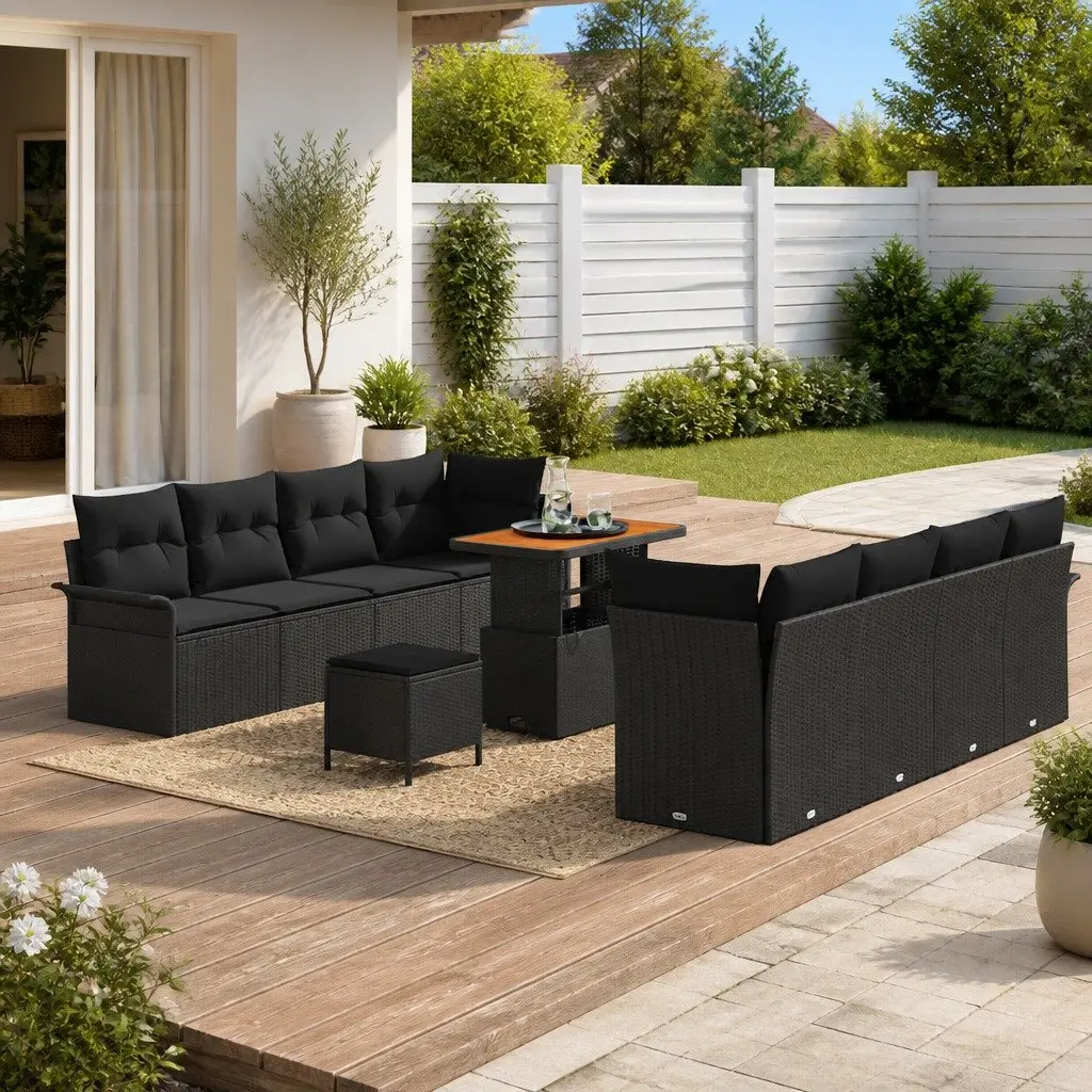Garden Sofa Set Black 11 Piece Modular Outdoor Furniture Poly Rattan with Height Adjustable Tabletop