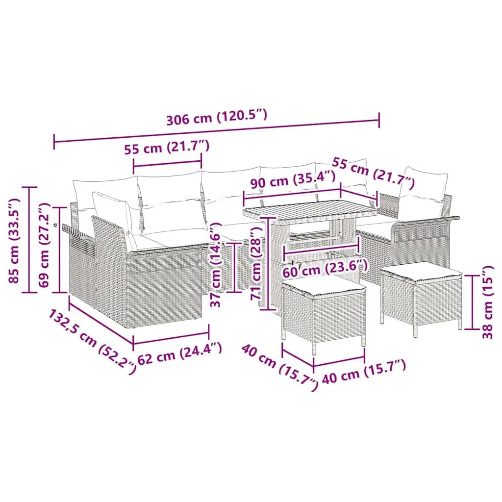Garden Sofa Set Black 10 Piece Modular Outdoor Furniture with Adjustable Table and Removable Cushions