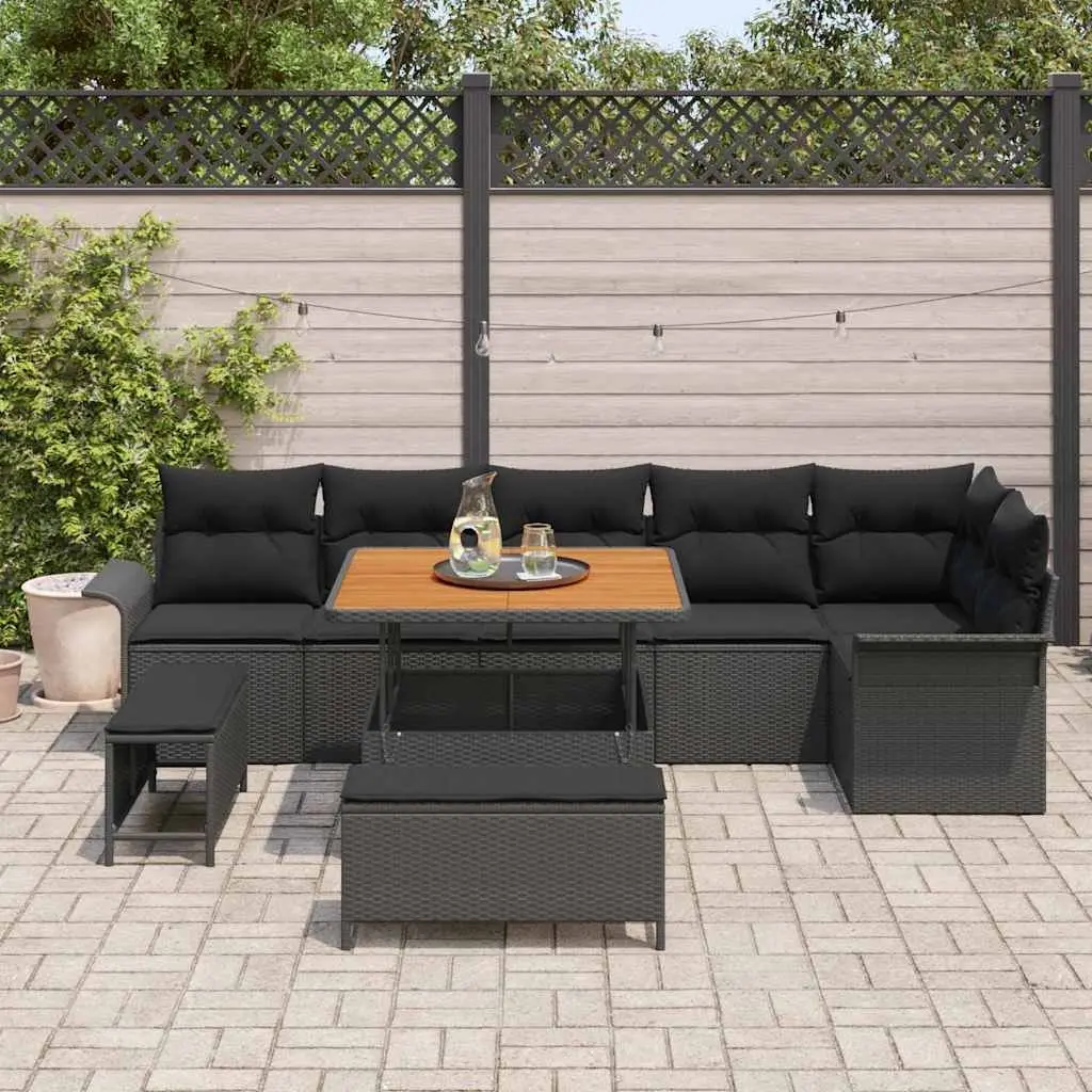 Garden Sofa Set 9 pcs Black Poly Rattan Outdoor Furniture with Cushions Modular