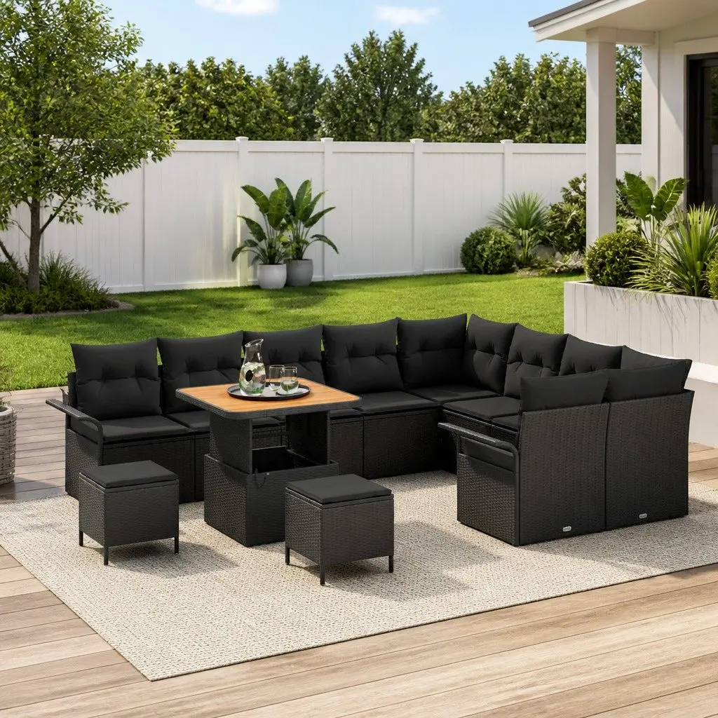 Modular Garden Sofa Set Black 12 Piece Weather Resistant Poly Rattan with Height Adjustable Table and Removable Cushions