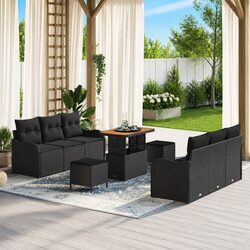 Concise 9-Piece Black Poly Rattan Outdoor Sofa Set
