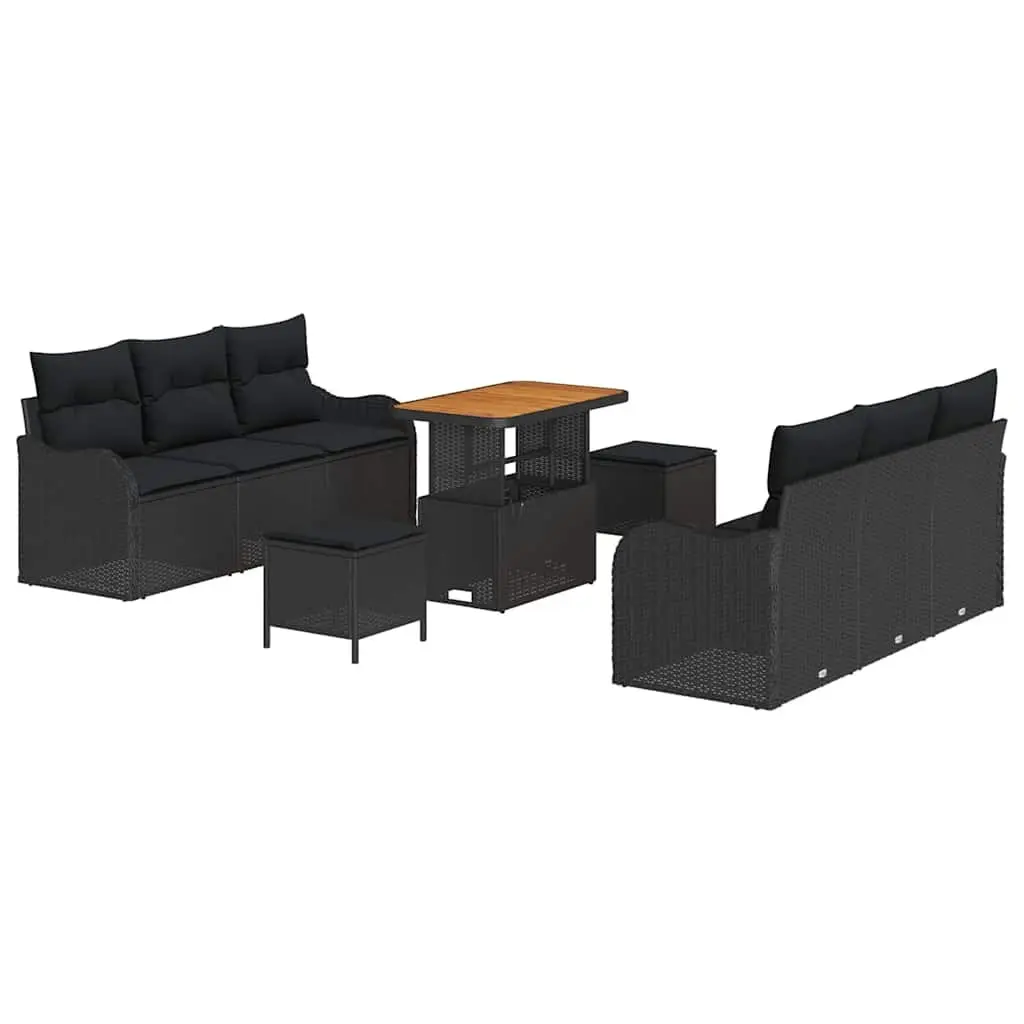 Garden Sofa Set Black 9 Pieces Poly Rattan Height Adjustable Table with Cushions