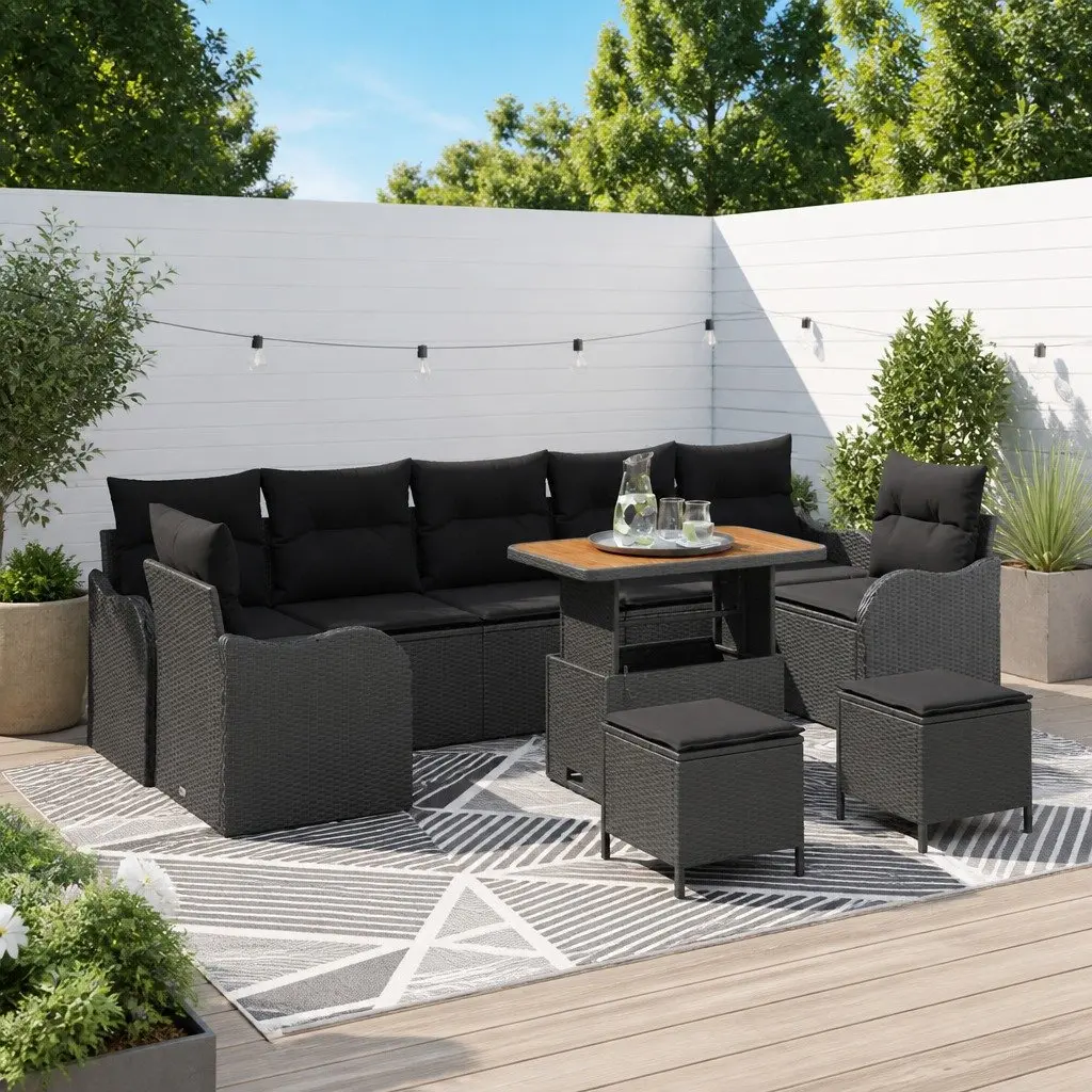 Garden Sofa Set 10 Pieces Black Poly Rattan Outdoor Furniture with Cushions