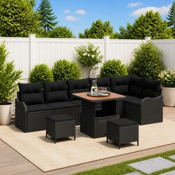 Garden Sofa Set 9 Piece Outdoor Furniture Black Poly Rattan Modern Patio Lounge