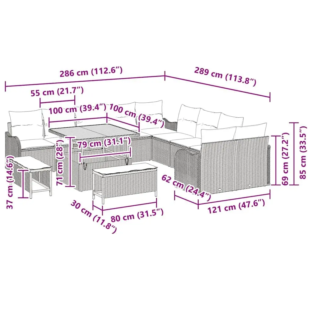 Garden Sofa Set Black 13 Piece Height-Adjustable Poly Rattan Outdoor Furniture