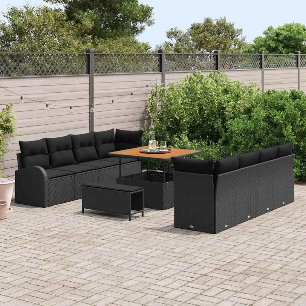 Garden Sofa Set 11 Pcs Black Poly Rattan Outdoor Furniture with Cushions