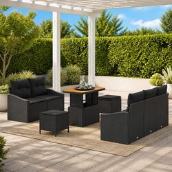 Garden Sofa Set 8pcs Outdoor Furniture Black Poly Rattan Sectional with Cushions