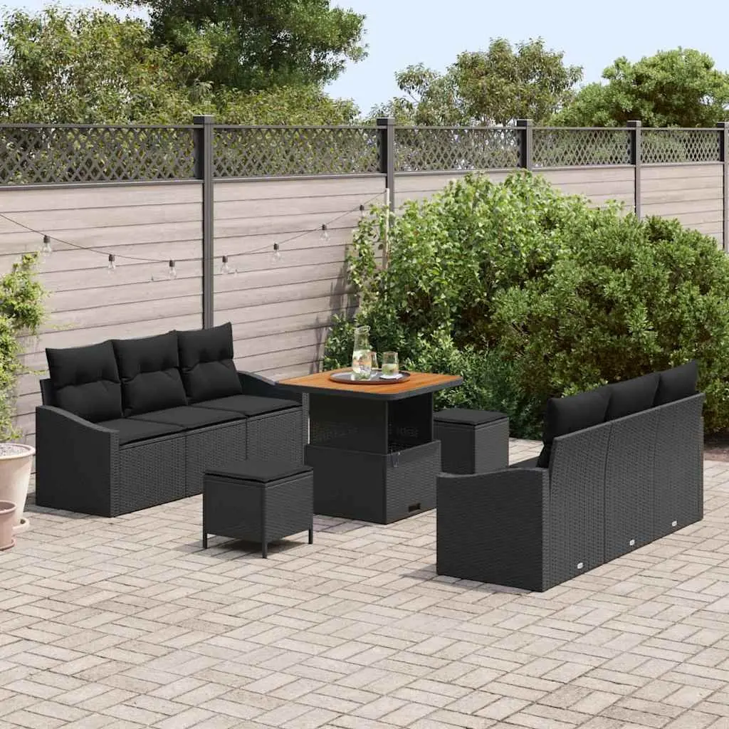 Garden Sofa Set 9 Pieces Outdoor Furniture Black Poly Rattan Modular Patio