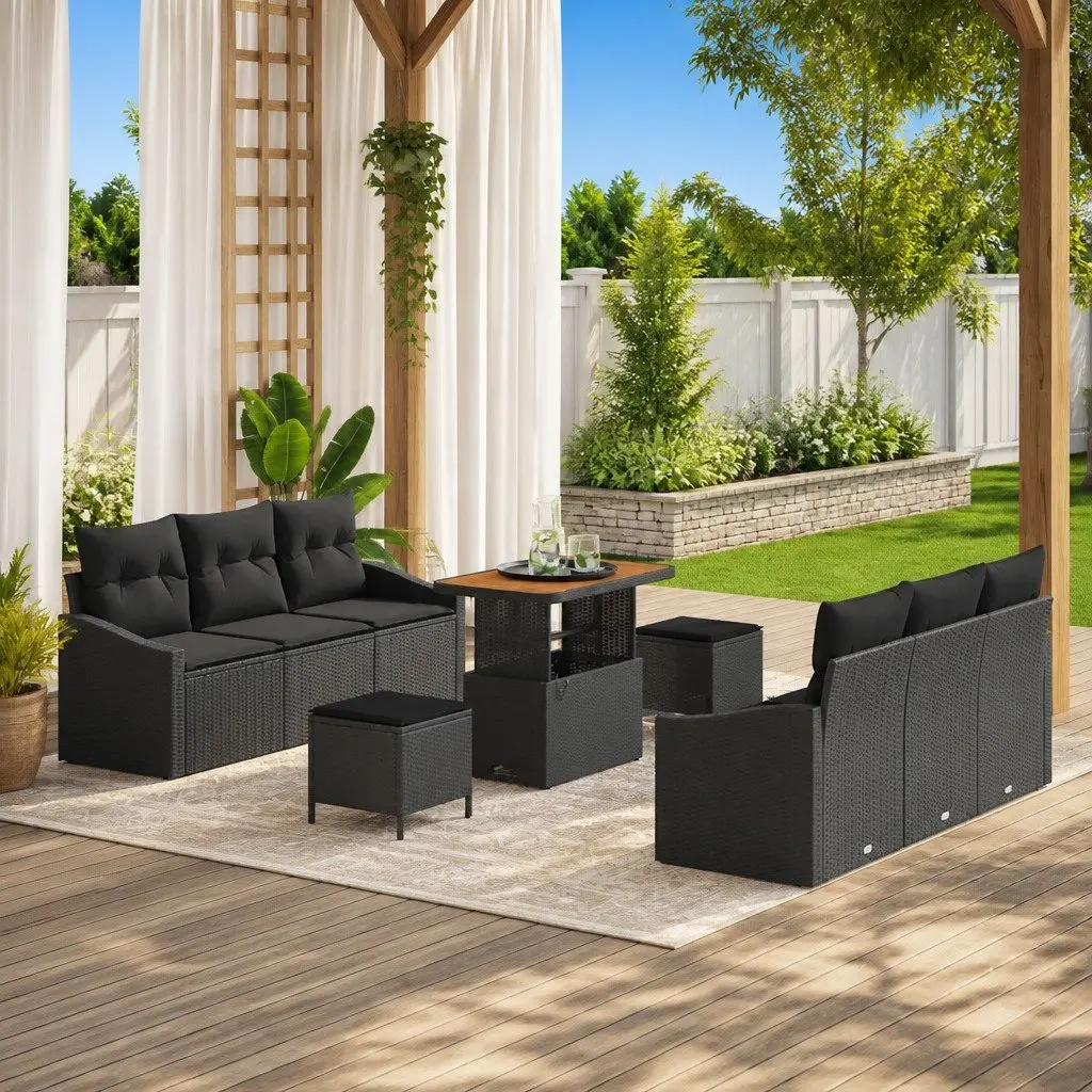 Garden Sofa Set Black 9 Piece Modular Outdoor Furniture with Cushions