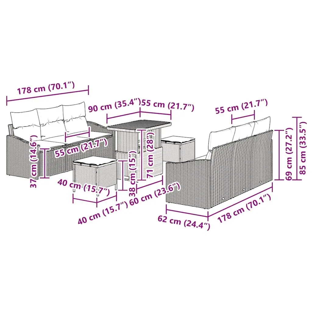 Garden Sofa Set Black 9 Piece Modular Outdoor Furniture with Cushions
