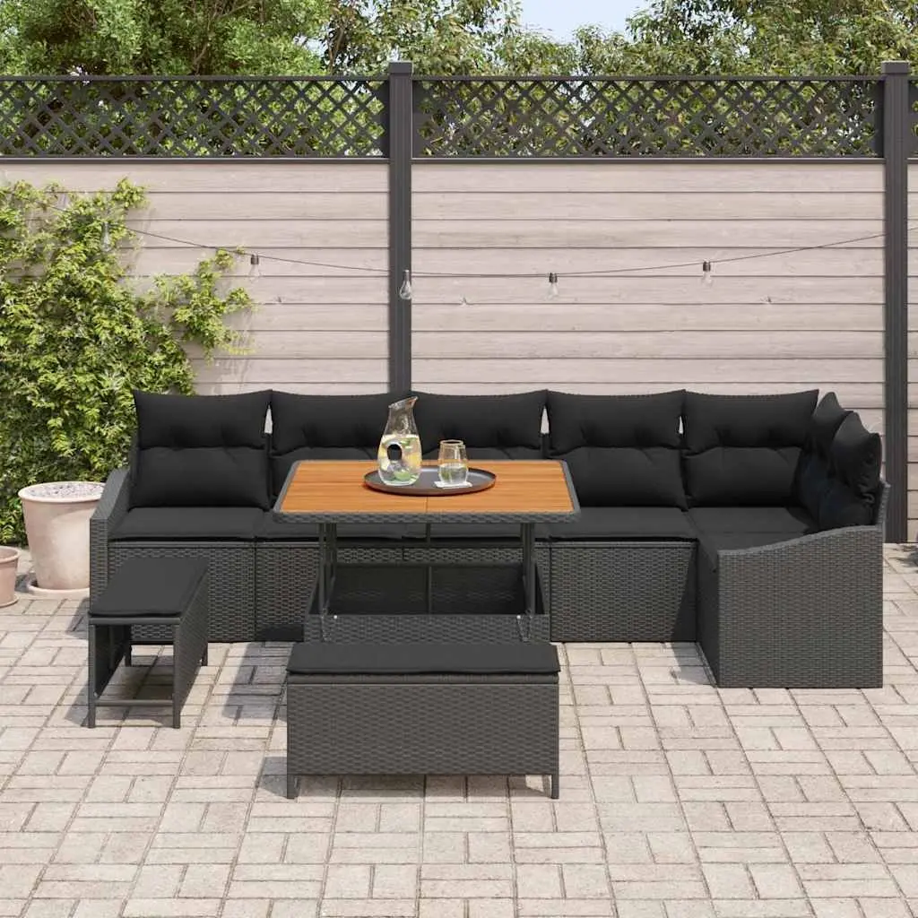 Garden Sofa Set Black 9 Piece Modular Outdoor Furniture Poly Rattan Cushioned Seats