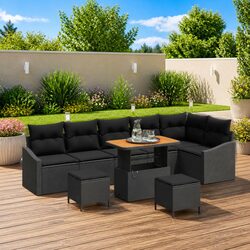 Garden Sofa Set 9 Pieces Black Poly Rattan Outdoor Furniture with Cushions