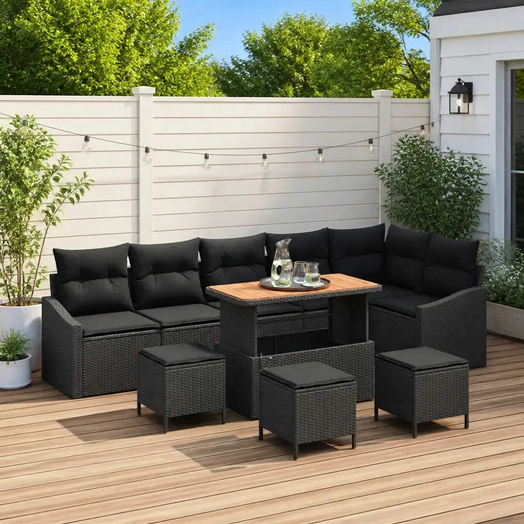 Garden Sofa Set Black 10 Piece Modular Outdoor Furniture Poly Rattan with Height Adjustable Acacia Wood Table